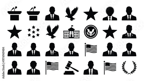 Symbolic icons of government leadership and patriotism featuring silhouettes of politicians flags eagles and emblems in minimalist black design
