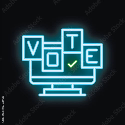 Neon sign representing online voting on a computer with vote tiles and a green checkmark