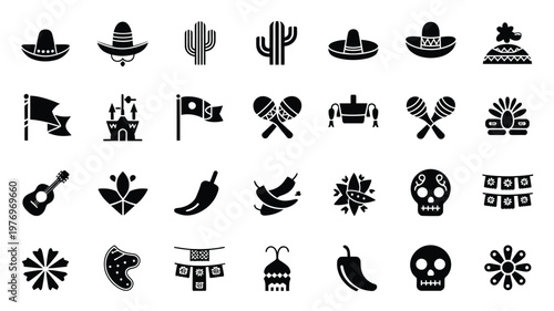 Minimalist black and white icons depicting mexican cultural symbols including sombreros cacti flags musical instruments and festive decorations