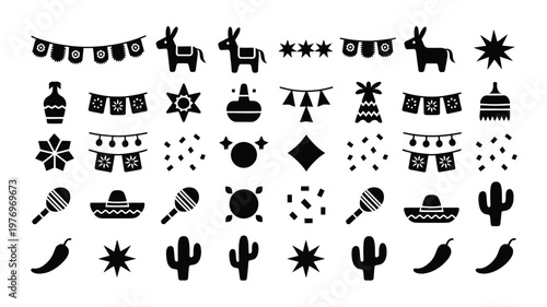 Black and white vector icons featuring mexican cultural symbols including cacti maracas piatas and traditional patterns