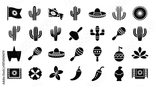 Minimalist black silhouette icons featuring cacti maracas sombreros chili peppers and cultural symbols in a modern flat design style