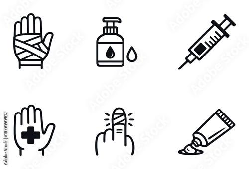 Medical hand icons with bandage syringe and sanitizer on black