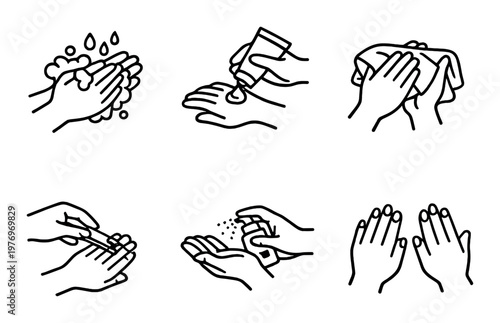 Hand hygiene icons with washing drying trimming and care on dark