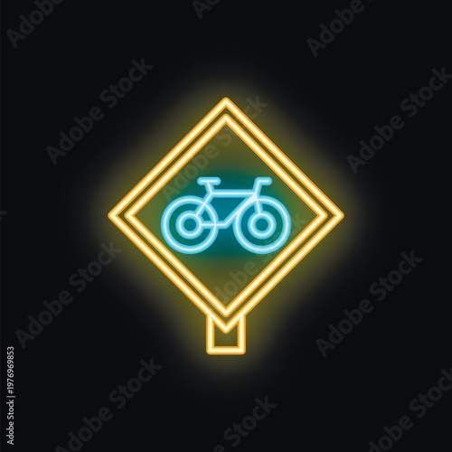 Neon bicycle sign indicating bike route or sharing service