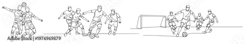 Photos Continuous line drawing of multiple soccer players in action dribbling and scori