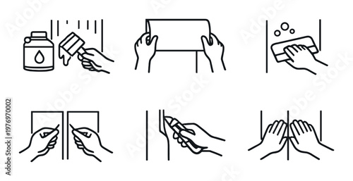 Hands applying wallpaper and related steps on dark backdrop