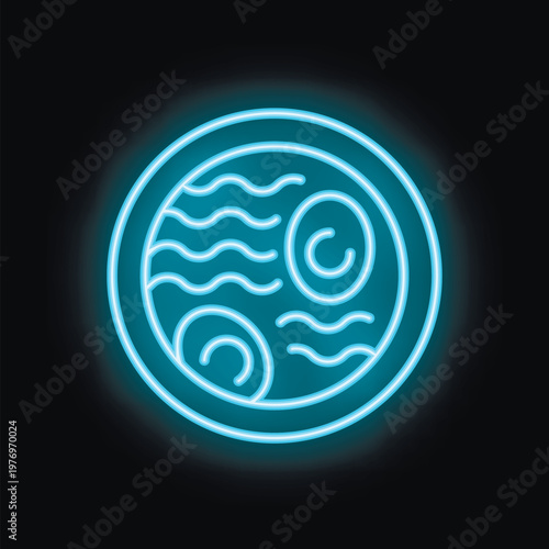 Blue neon sign depicting a swimming pool in front view, with waves and reflections of light, on a black background