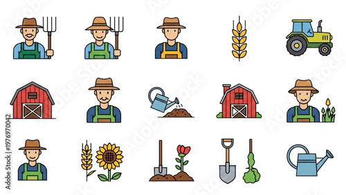 Farmers work on vector CAD farm with tools and tractor outdoors