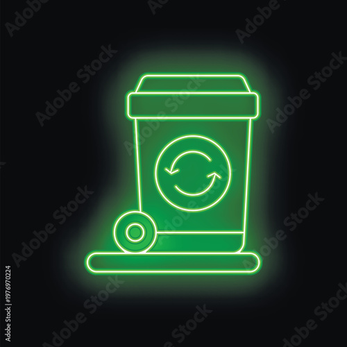Neon green wheelie bin glowing on black background, promoting environmental awareness and responsible waste disposal