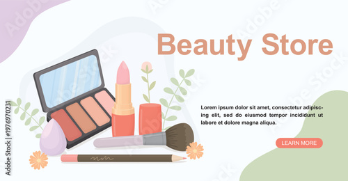 Cosmetic banner with beauty products. Template with lipstick, blending sponge, pencil, eyeshadow palette, skin brush and flowers	
