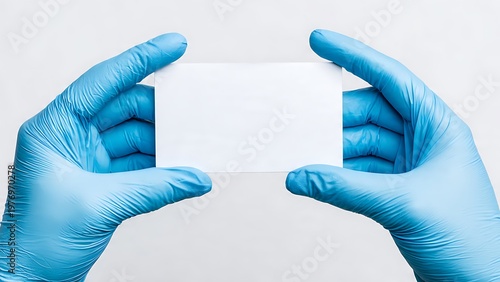 Gloves holding a blank white card, symbolizing healthcare, research, or a medical professional