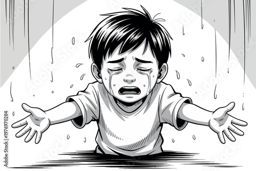 A crying boy with tears on his face and arms outstretched