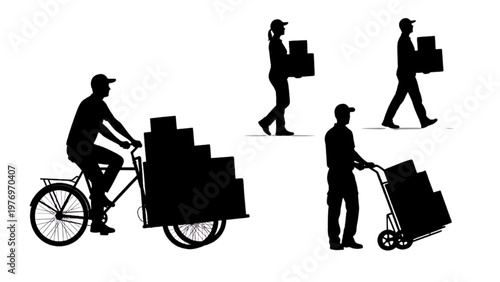 Workers transport goods using vector CAD designs on bike and cart