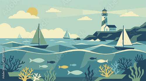 Minimalist Coastal Landscape with Lighthouse, Sailboats, and Marine Life