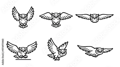 Owl icons in flight with wings spread on dark background