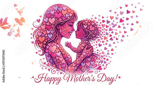 Mother and Child Hearts Embrace Love Joyful Greeting Card Design for Mother's Day Celebration