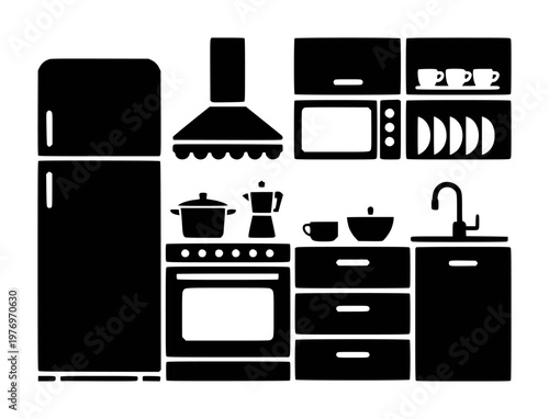 Black silhouette kitchen appliances and cabinetry with utensils white background
