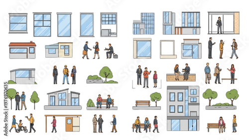 Vector CAD designs of people interacting outside modern buildings and offices
