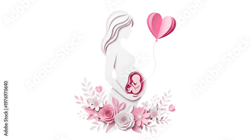 Pregnant Woman Silhouette with Baby Inside, Pink Heart Balloon, Flowers, Hopeful Future, Maternity Care, Family Planning, New Life