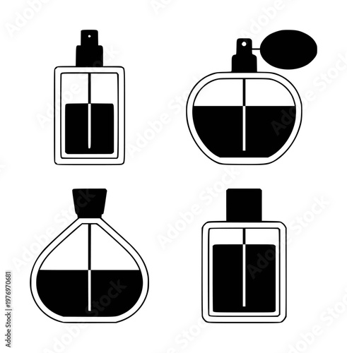 Collection of black and white perfume bottle white background, fragrance cosmetic
