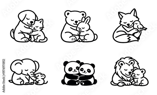 Animal pairs hugging in gentle poses on dark gradient background