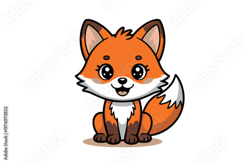A cartoon fox with big eyes and a fluffy tail sitting on a white background