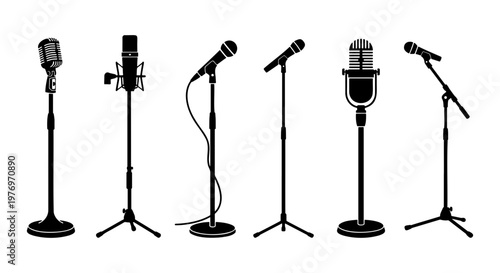 Vintage microphone silhouettes, 6 podcast mic icons, audio equipment vector