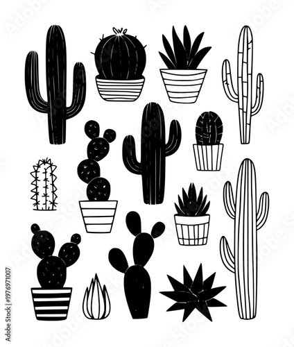 Collection of black silhouette cacti and succulents in pots white background cactus