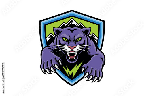 A fierce purple panther with sharp claws and teeth in a shield