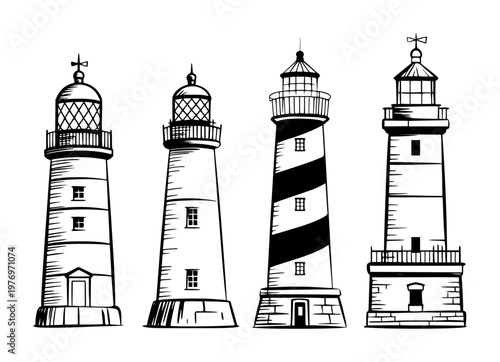 Collection of distinct black and white lighthouse a white background, maritime nautical