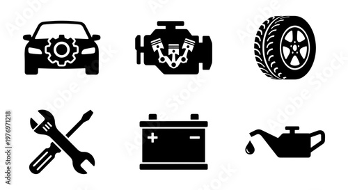 Car service icons set, automotive repair symbols, 6 vector garage elements