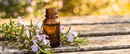 A small amber bottle of essential oil surrounded by fresh rosemary flowers on a wooden surface