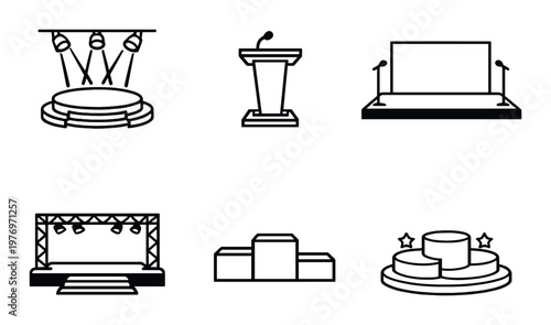 Stage and podium icons showing microphones lights and platforms