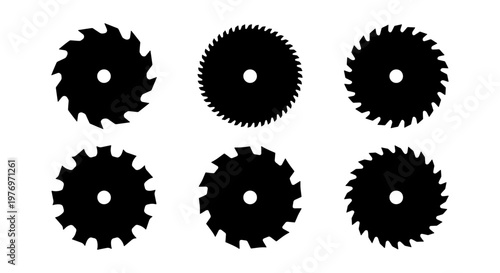 Industrial circular saw blade silhouettes, 6 metal cutting disc vectors