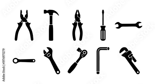 Industrial hand tools set, black hardware icons, 10 repair vector elements