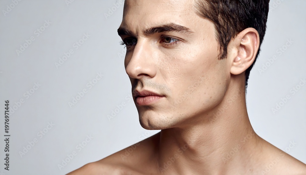 Naklejka premium A close-up portrait of a fair-skinned man, angled, revealing his profile against a neutral gray background. His gaze is directed to the side