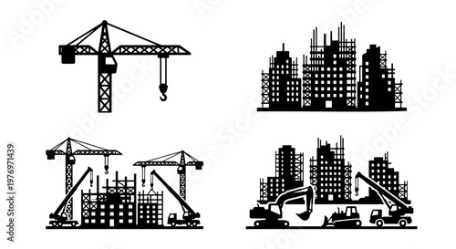 Construction site silhouette vector, building crane icons, urban development