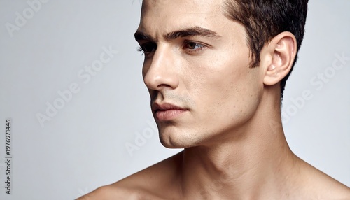 A close-up portrait of a fair-skinned man, angled, revealing his profile against a neutral gray background. His gaze is directed to the side