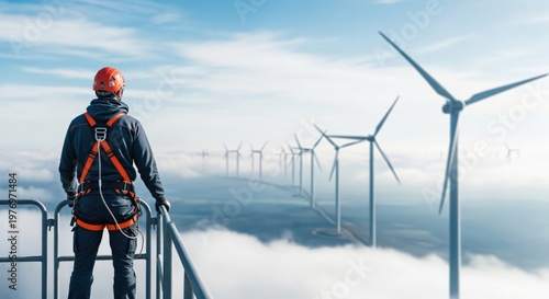 Male wind turbine technician in safety harness inspecting renewable energy wind farm above clouds