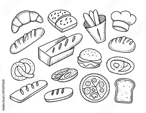 Hand-drawn bakery croissant, bread loaves, baguettes, pizza, burger, and chef hat
