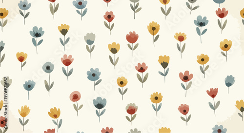 Seamless ditsy floral pattern background of scattered blooming meadow flowers