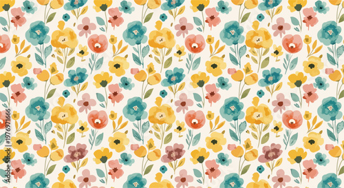 Retro seamless ditsy floral pattern background with playful pastel petals