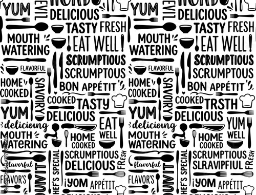 Kitchen lettering pattern with delicious food quotes and restaurant icons for wall decor.