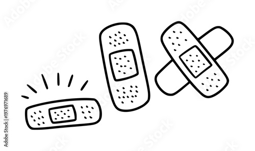 Hand-drawn black and white band-aid white background, bandaid bandage medical first