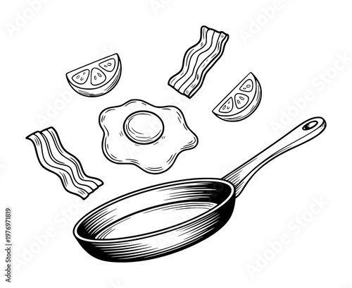 Hand-drawn black and white of breakfast ingredients, including fried egg, bacon, and citrus slices, with a frying pan