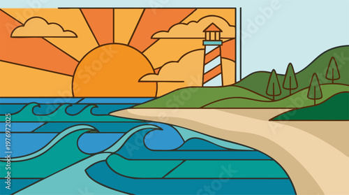 Coastal landscape with lighthouse, beach, and ocean waves at sunset or sunrise