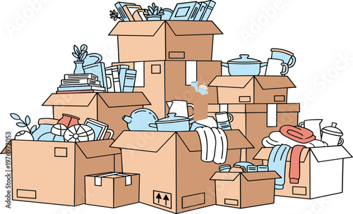 Moving boxes stack with household items relocation cartoon vector illustration isolated on white