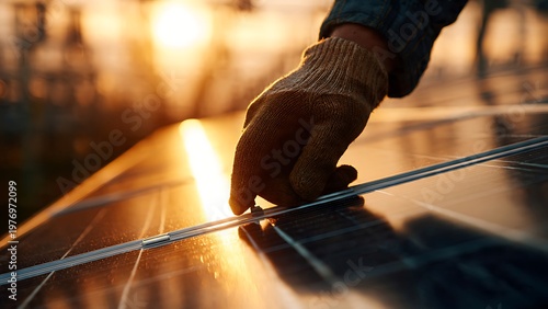 Hand in glove installing solar panel, illuminated by warm sunset light, renewable energy concept
