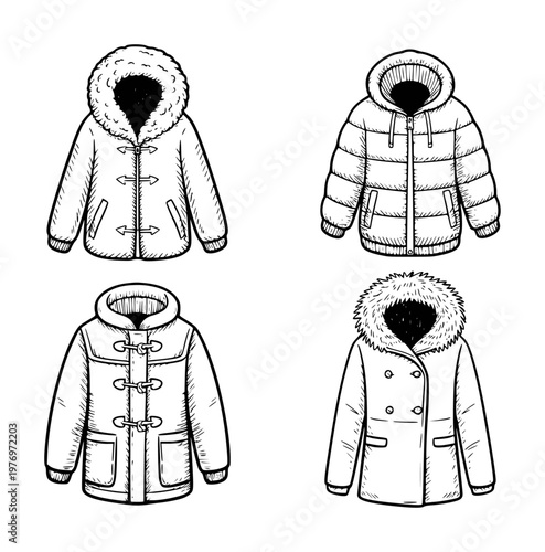 Hand-drawn collection of winter coats white background, jacket clothing outerwear