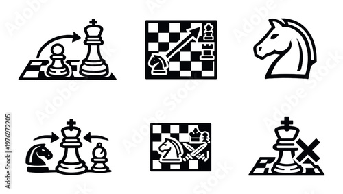 Chess pieces and strategy icons displayed on dark board background